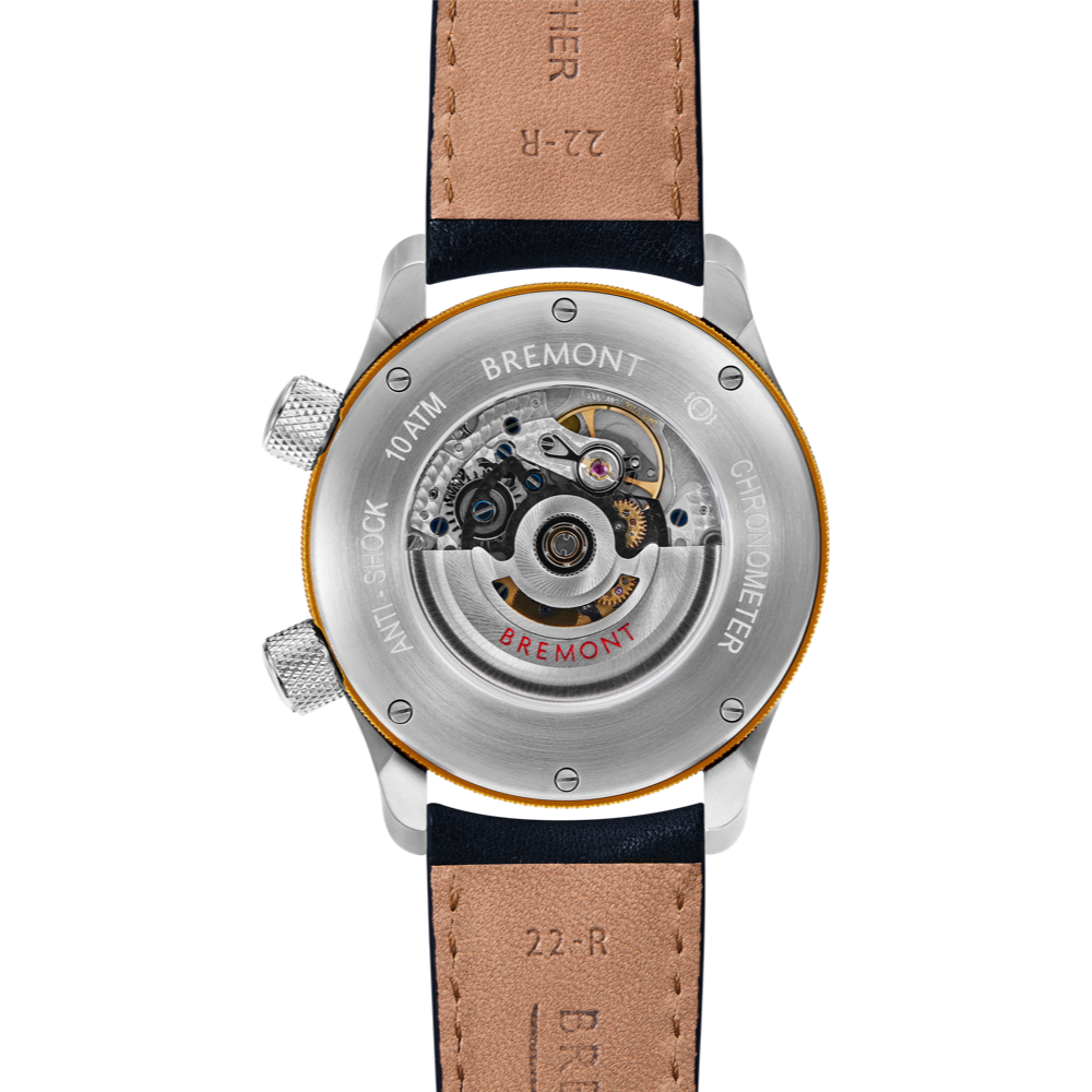 Bremont Watch Company Configurator MBII Custom Stainless Steel, Blue Dial with Yellow Barrel & Open Case Back