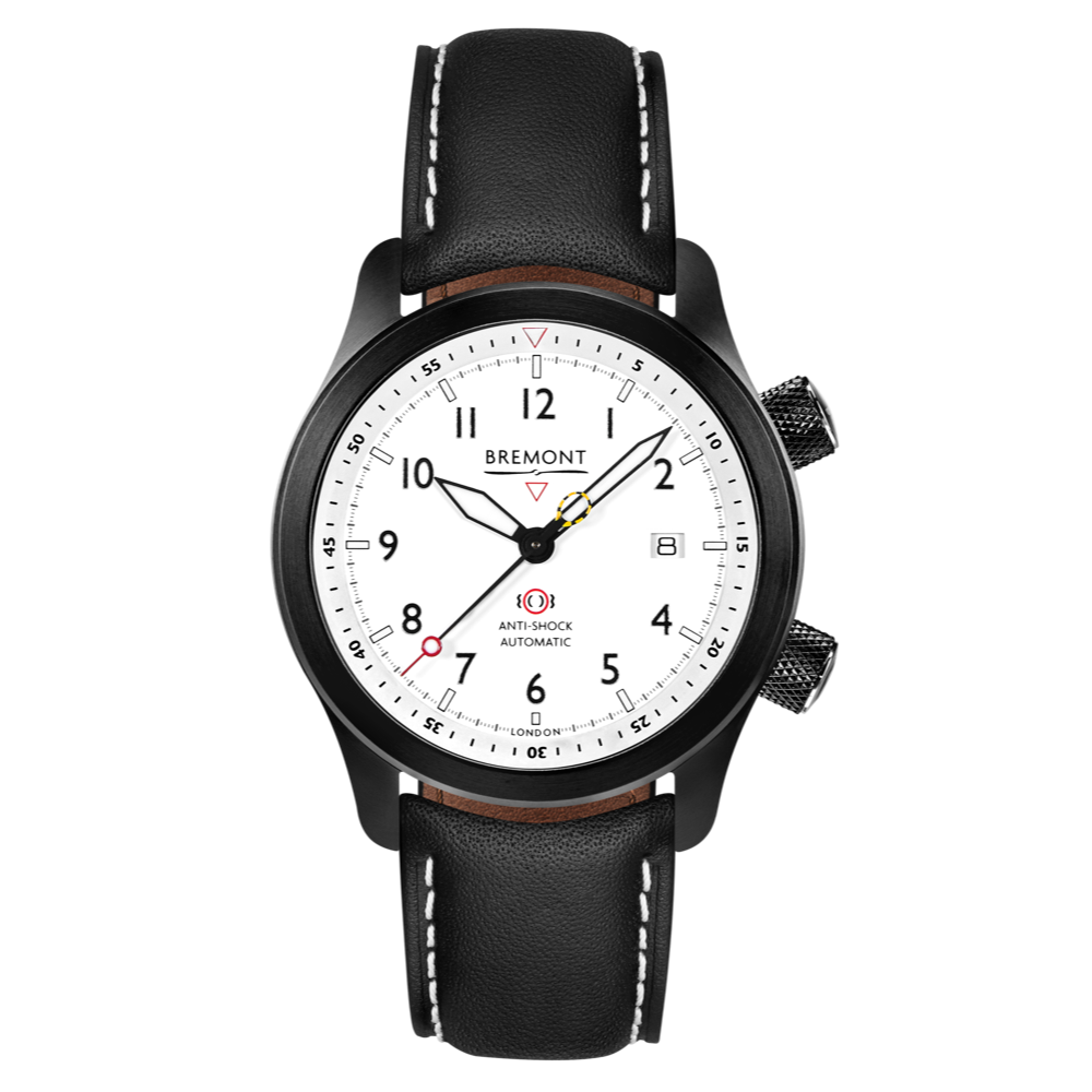 Bremont Watch Company Configurator Grey with White Stitch Leather / Short / Pin Buckle MBII Custom DLC, White Dial with Blue Barrel & Open Case Back