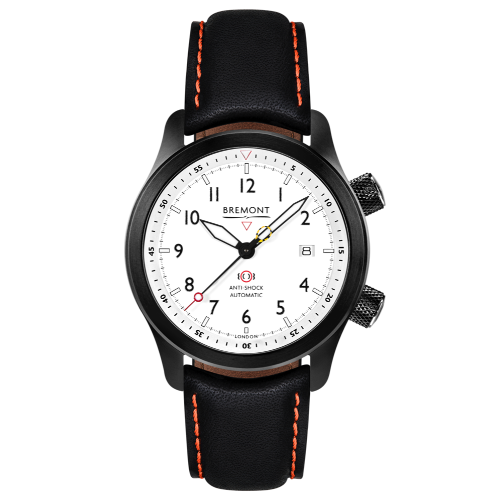 Bremont Watch Company Configurator Black with Orange Stitch Leather / Short / Pin Buckle MBII Custom DLC, White Dial with Anthracite Barrel & Open Case Back