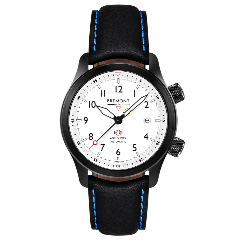 Bremont Watch Company Configurator Black with Blue Stitch Leather / Short / Pin Buckle MBII Custom DLC, White Dial with Blue Barrel & Open Case Back