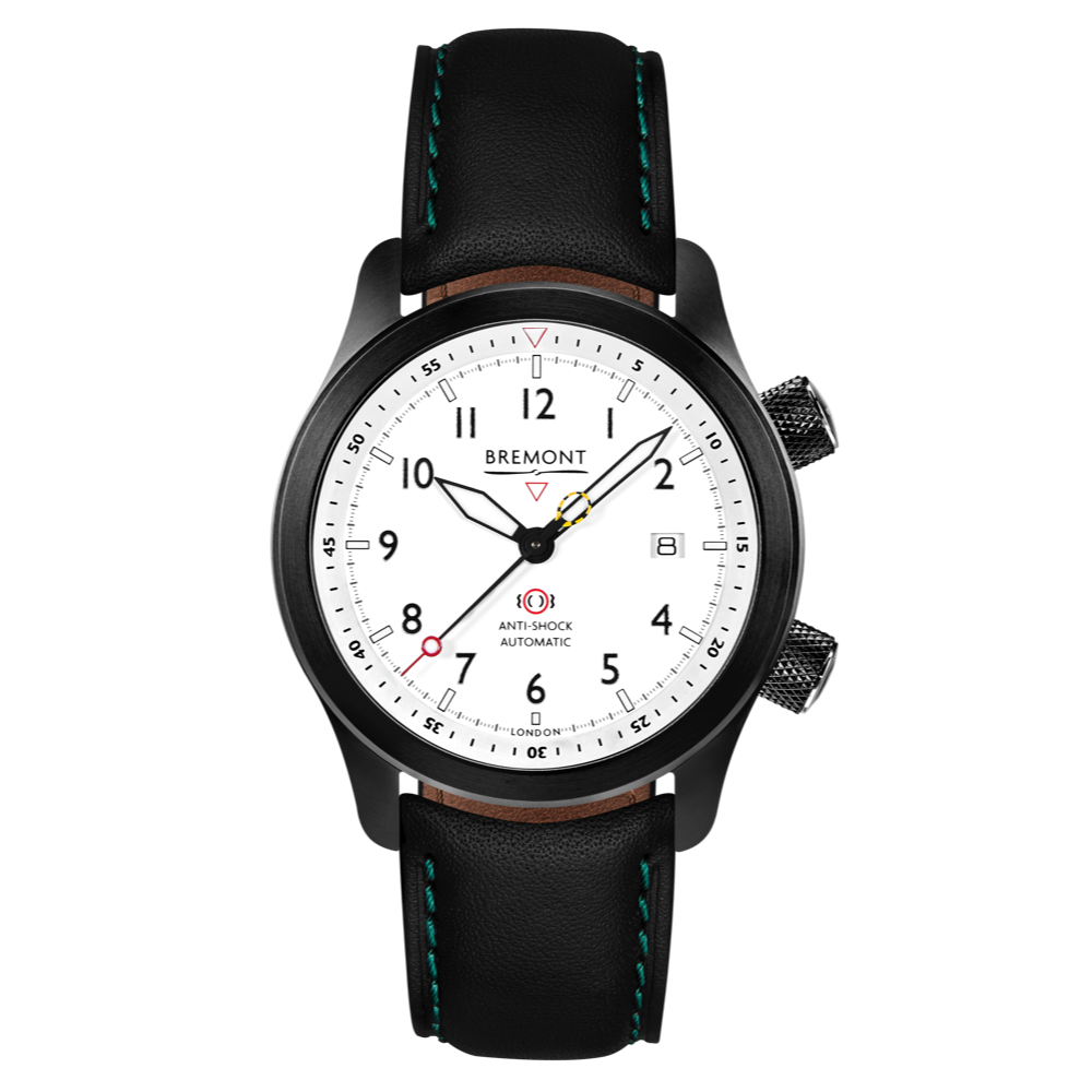 Bremont Watch Company Configurator Black with Green Stitch Leather / Short / Pin Buckle MBII Custom DLC, White Dial with Anthracite Barrel & Open Case Back