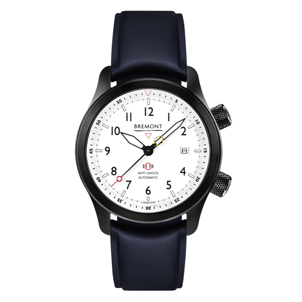 Bremont Watch Company Configurator Blue Temple Island / Short / Pin Buckle MBII Custom DLC, White Dial with Anthracite Barrel & Open Case Back