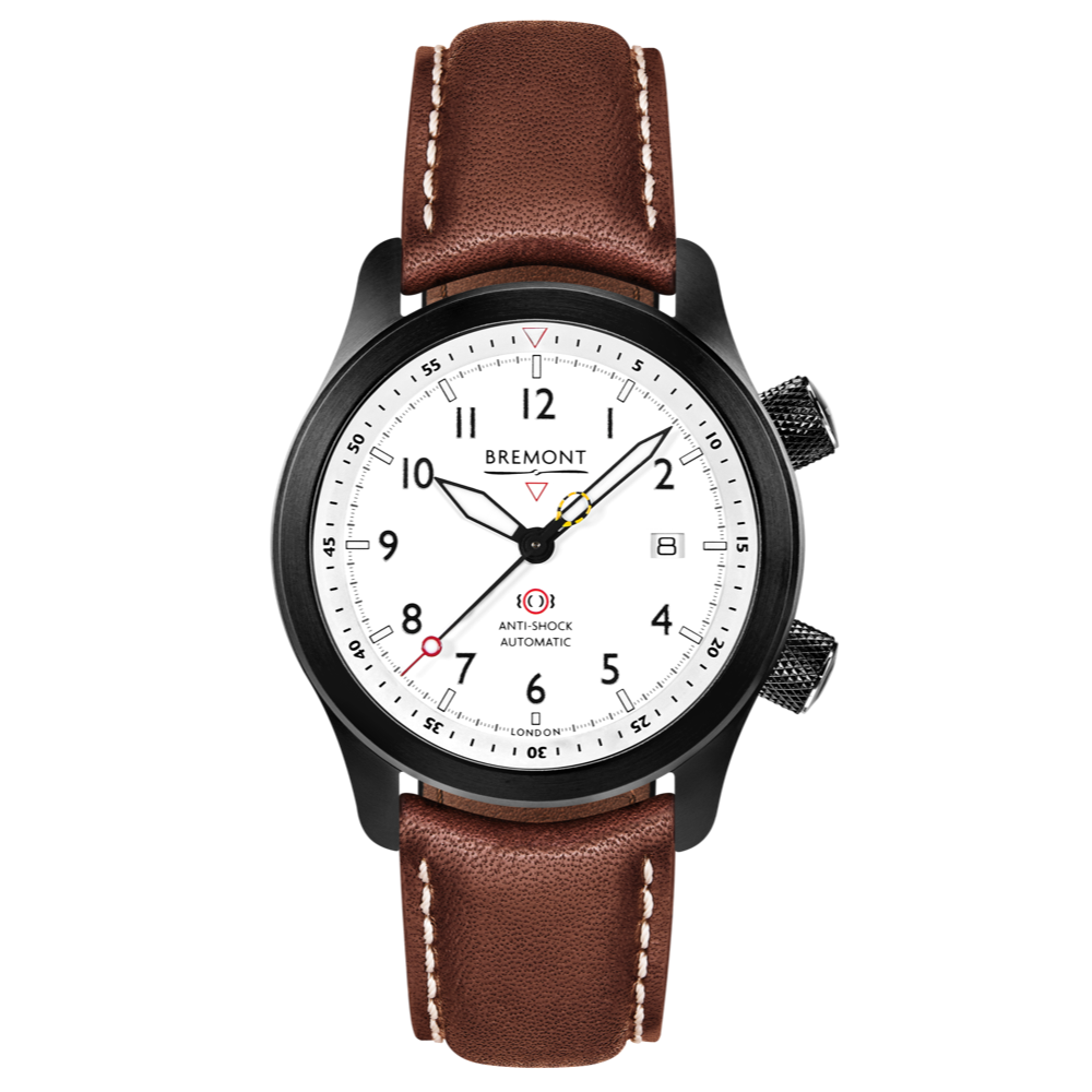 Bremont Watch Company Configurator Brown with White Stitch Leather / Short / Pin Buckle MBII Custom DLC, White Dial with Anthracite Barrel & Open Case Back