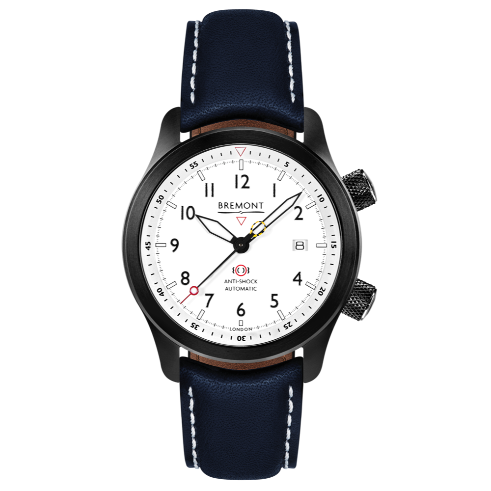 Bremont Watch Company Configurator Blue with White Stitch Leather / Short / Pin Buckle MBII Custom DLC, White Dial with Anthracite Barrel & Open Case Back