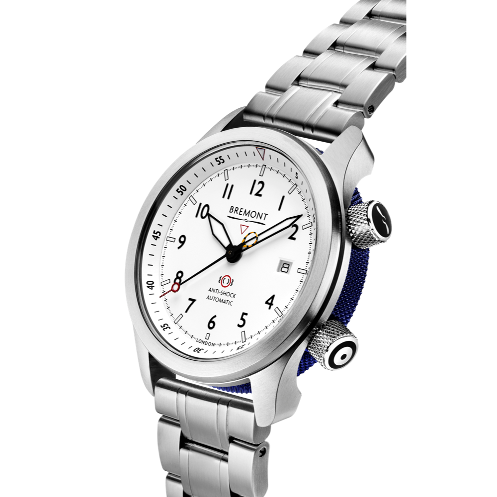 Bremont Watch Company Configurator MBII Custom Stainless Steel, White Dial with Blue Barrel & Open Case Back