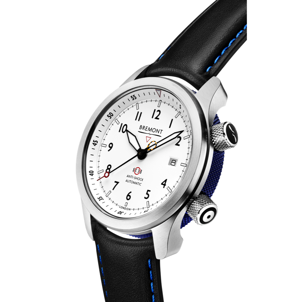 Bremont Watch Company Configurator MBII Custom Stainless Steel, White Dial with Blue Barrel & Open Case Back