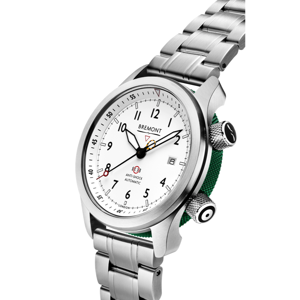 Bremont Watch Company Configurator MBII Custom Stainless Steel, White Dial with Green Barrel & Closed Case Back