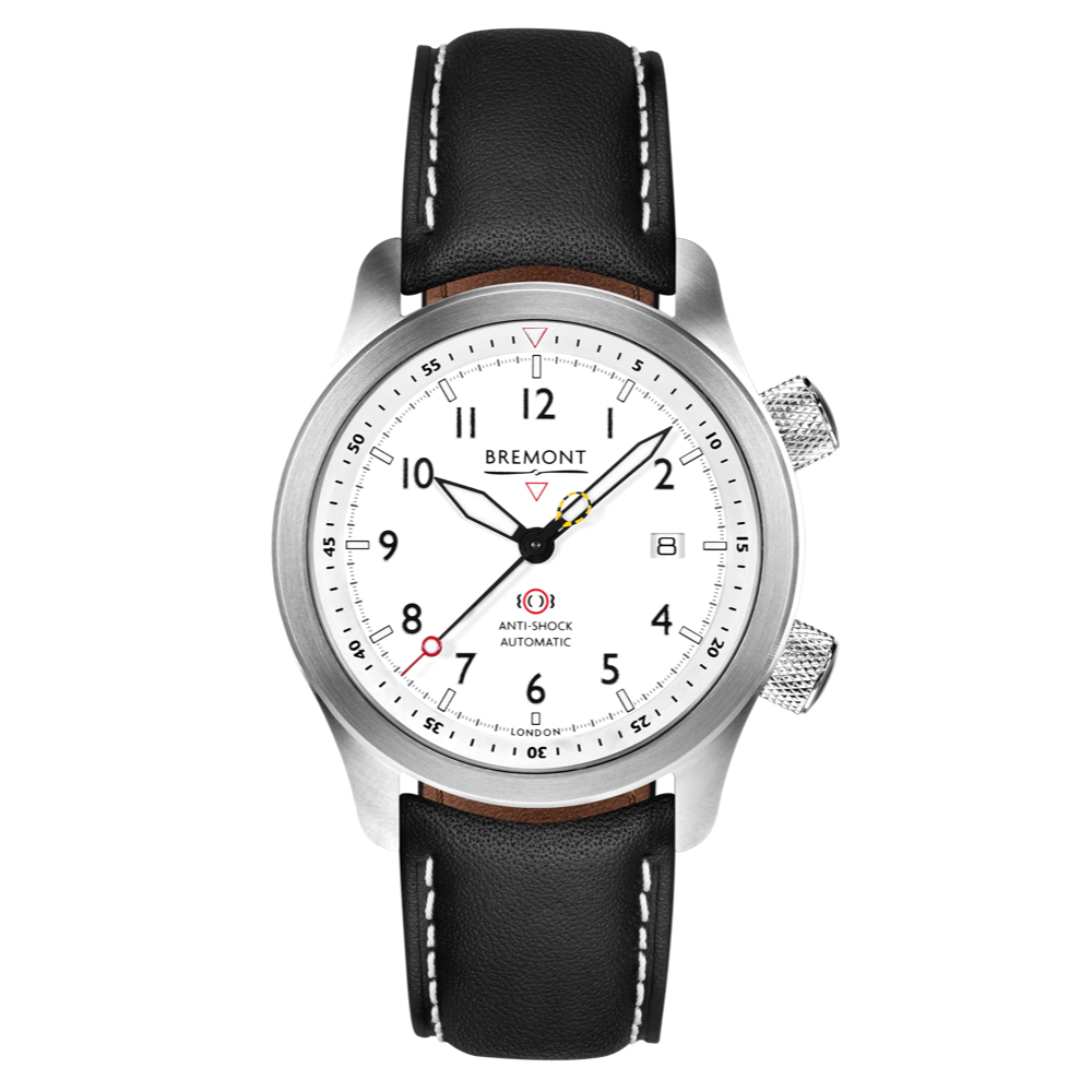 Bremont Watch Company Configurator Grey with White Stitch Leather / Short / Pin Buckle MBII Custom Stainless Steel, White Dial with Blue Barrel & Open Case Back