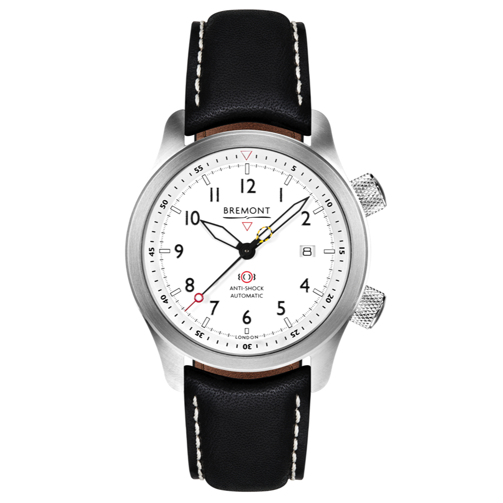 Bremont Watch Company Configurator Black with White Stitch Leather / Short / Pin Buckle MBII Custom Stainless Steel, White Dial with Green Barrel & Closed Case Back