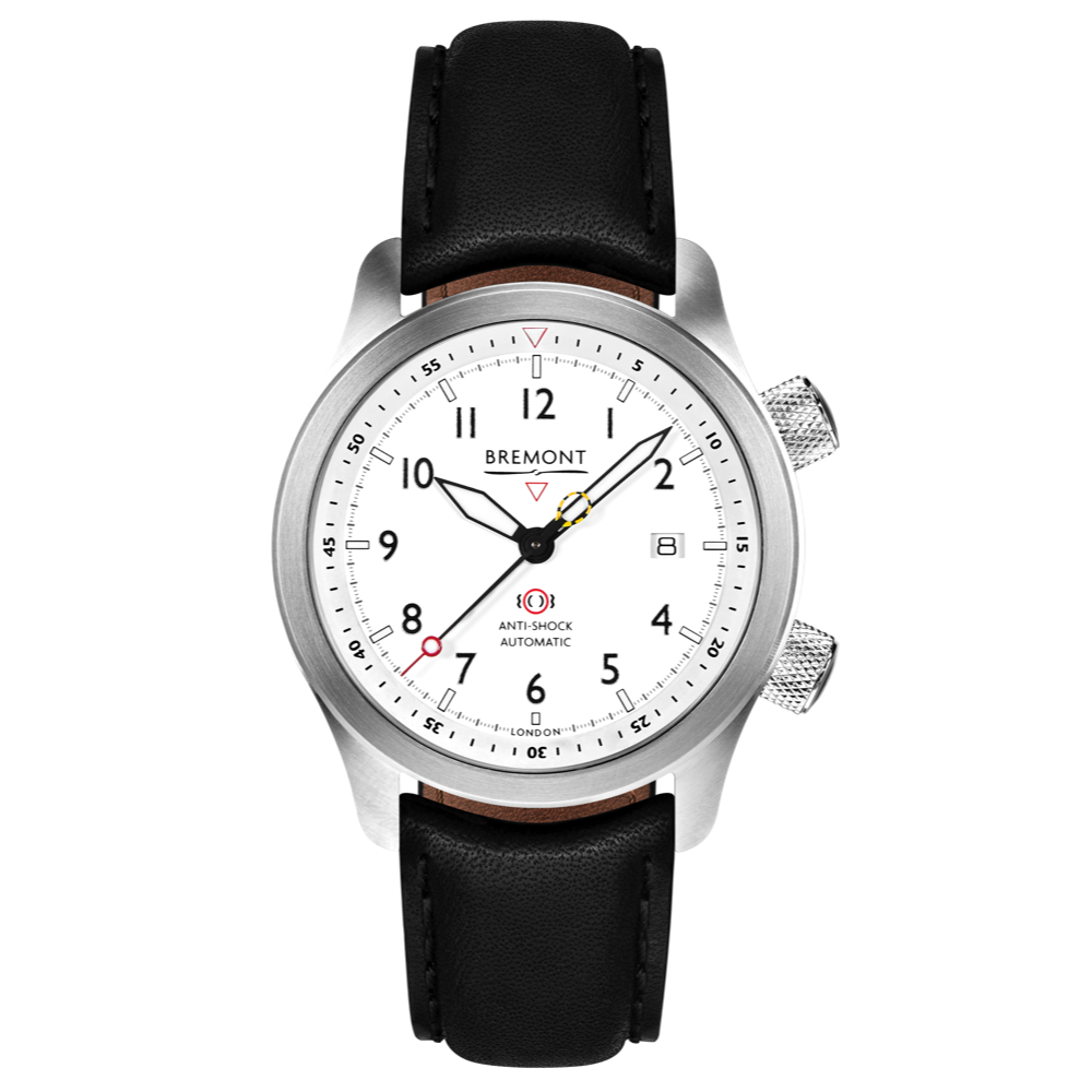 Bremont Watch Company Configurator Black with Black Stitch Leather / Short / Pin Buckle MBII Custom Stainless Steel, White Dial with Blue Barrel & Open Case Back