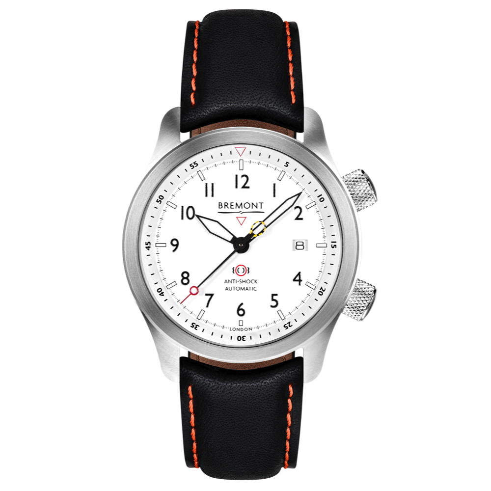 Bremont Watch Company Configurator Black with Orange Stitch Leather / Short / Pin Buckle MBII Custom Stainless Steel, White Dial with Green Barrel & Closed Case Back