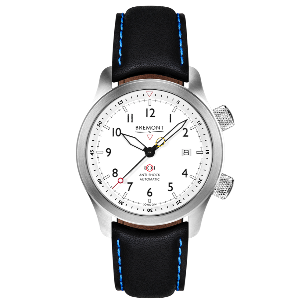 Bremont Watch Company Configurator Black with Blue Stitch Leather / Short / Pin Buckle MBII Custom Stainless Steel, White Dial with Green Barrel & Closed Case Back