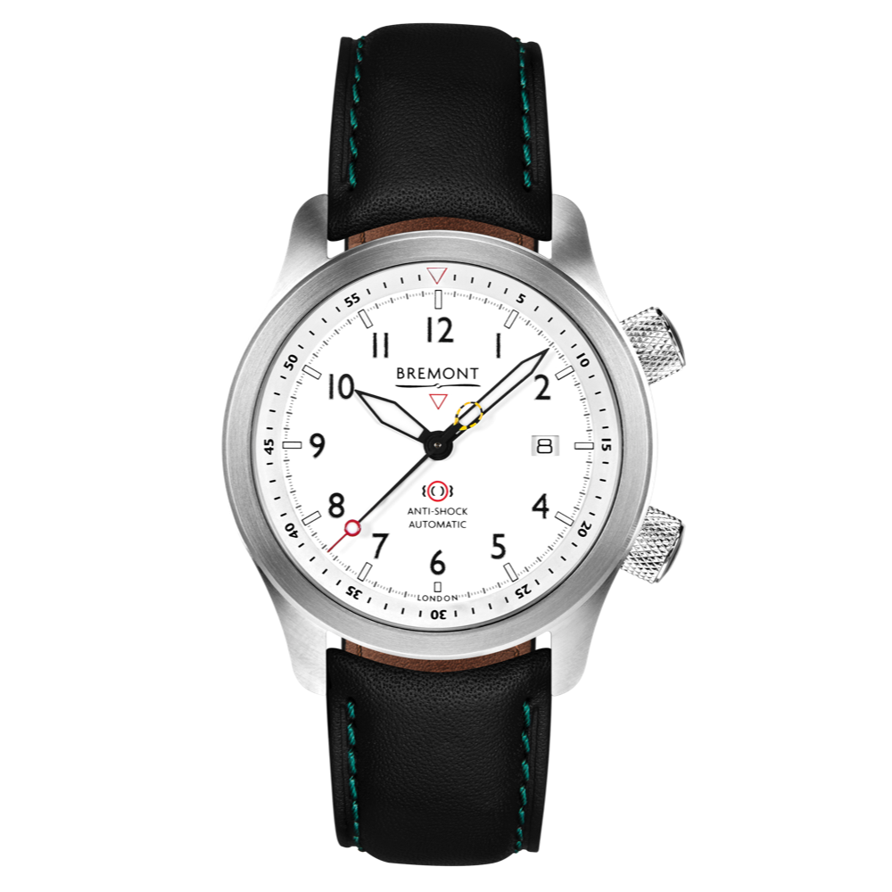 Bremont Watch Company Configurator Black with Green Stitch Leather / Short / Pin Buckle MBII Custom Stainless Steel, White Dial with Green Barrel & Closed Case Back