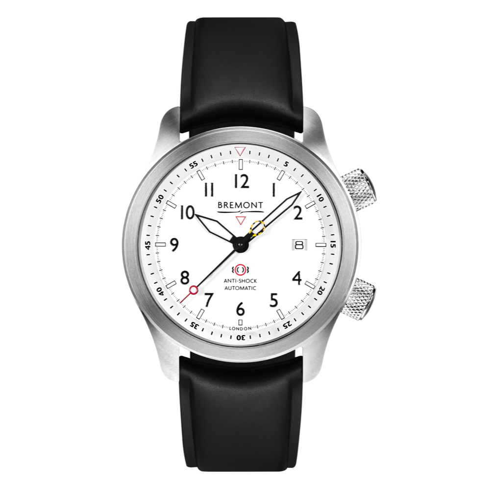 Bremont Watch Company Configurator Black Temple Island / Short / Pin Buckle MBII Custom Stainless Steel, White Dial with Blue Barrel & Open Case Back