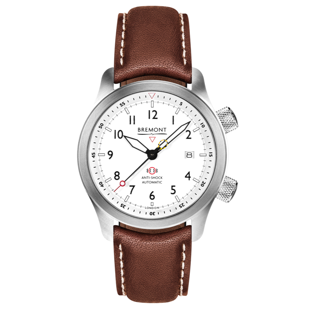 Bremont Watch Company Configurator Brown with White Stitch Leather / Short / Pin Buckle MBII Custom Stainless Steel, White Dial with Blue Barrel & Open Case Back