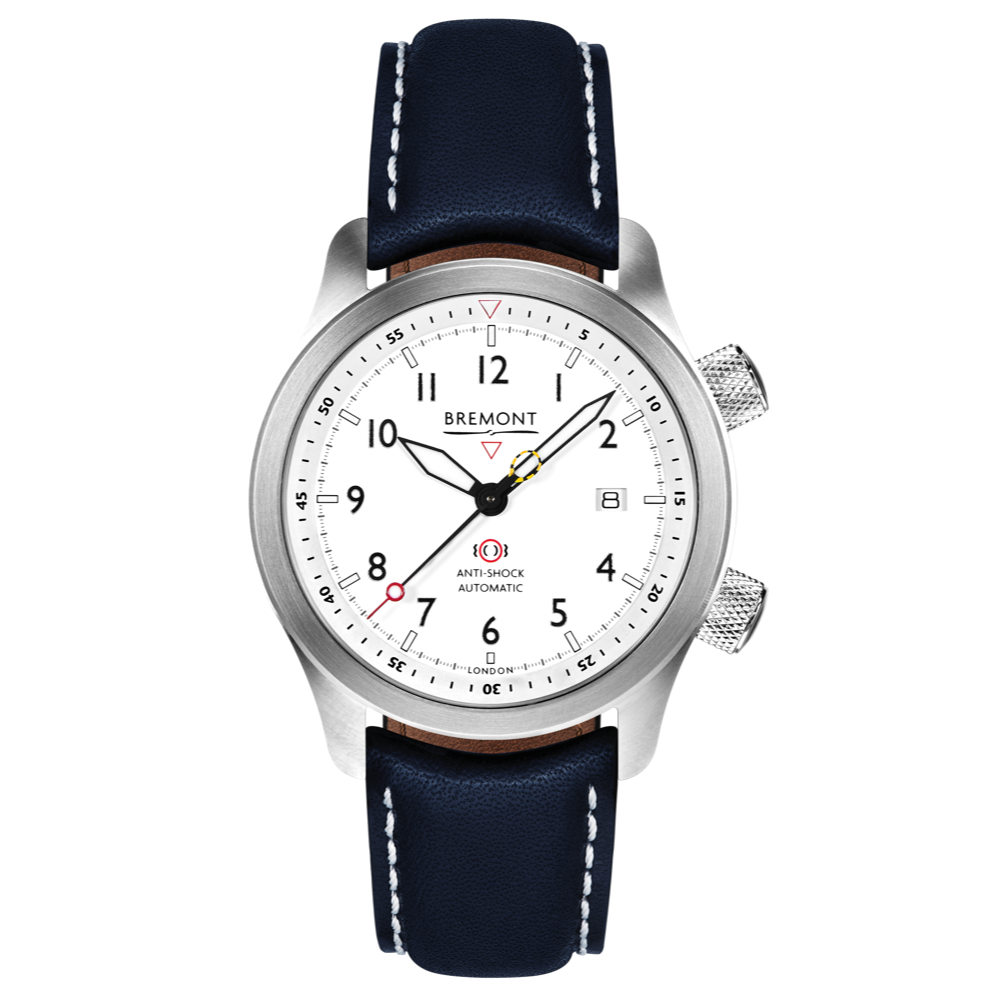 Bremont Watch Company Configurator Blue with White Stitch Leather / Short / Pin Buckle MBII Custom Stainless Steel, White Dial with Green Barrel & Closed Case Back